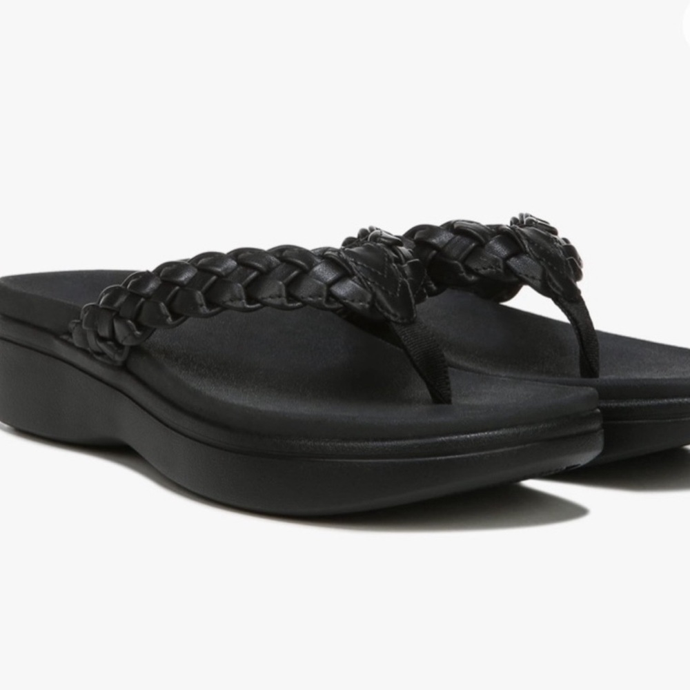 Vionic Platform Sandals Womens Black Kenji 7 Leather Slip-On EUC